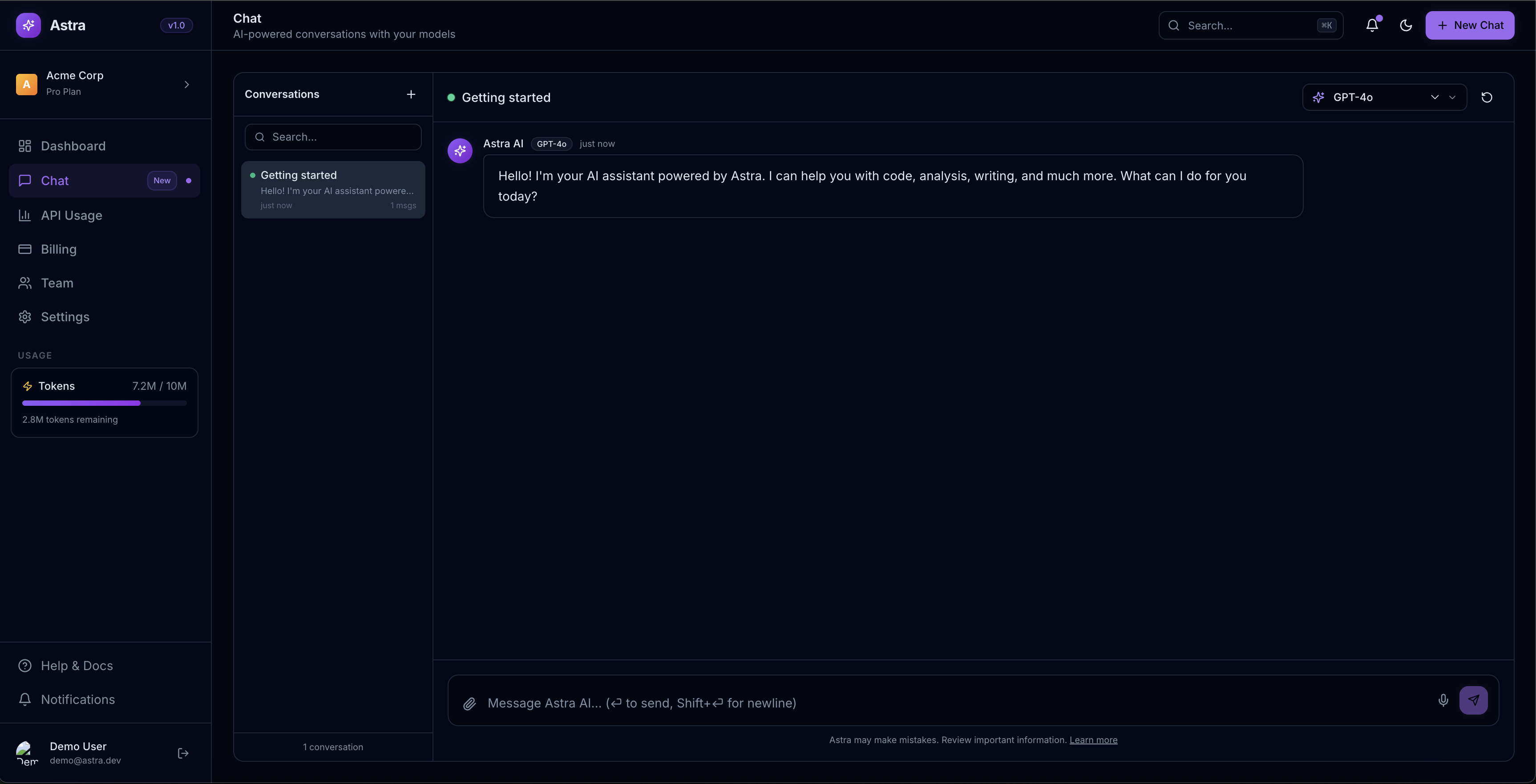Astra AI chat interface — conversation sidebar, message thread, and GPT-4o model selector
